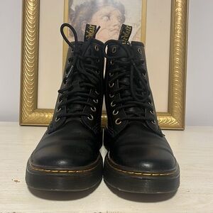Dr. Martens Black Leather Boots with Yellow Stitching